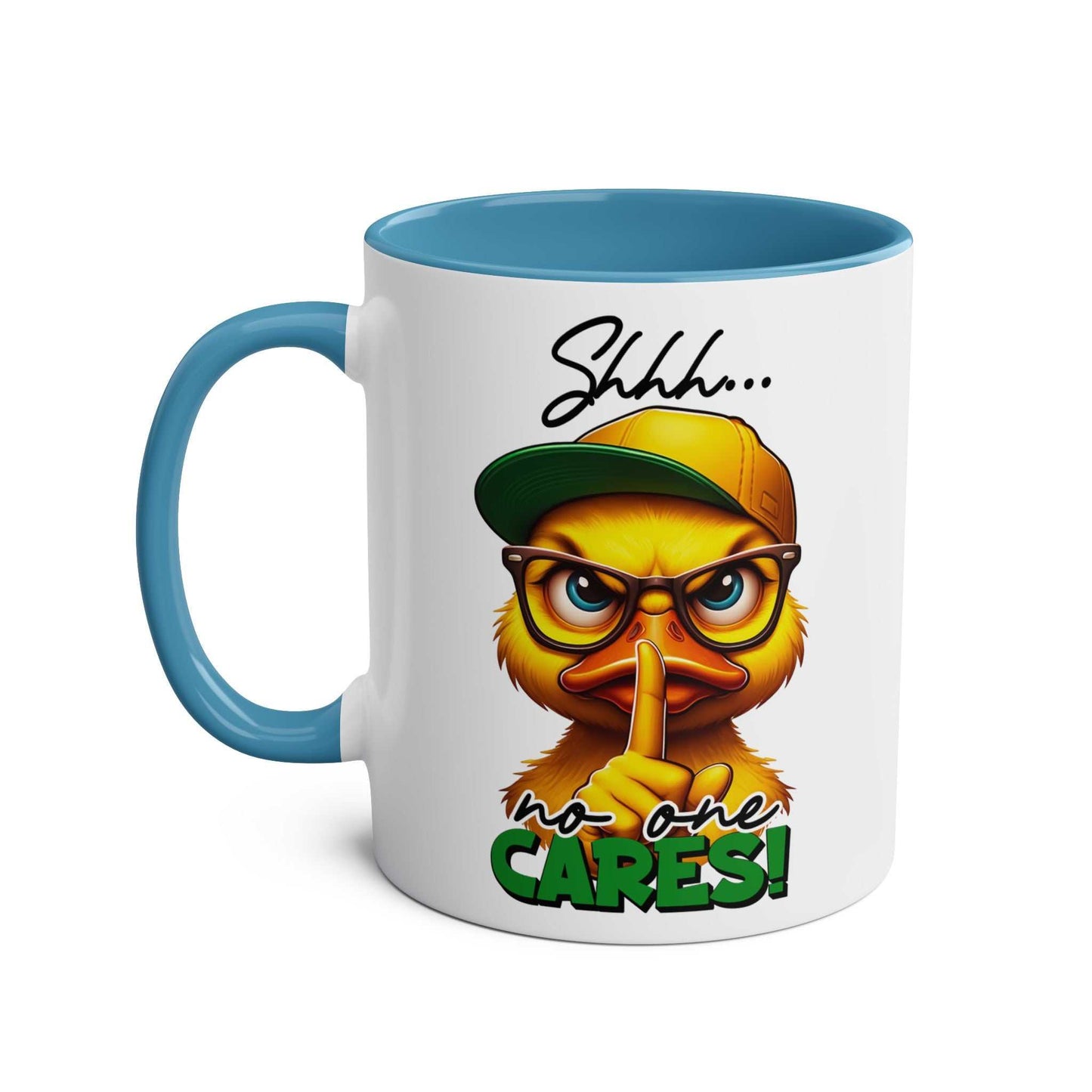 No One Cares Coffee Mug with sarcastic duck design and "shhh" message.