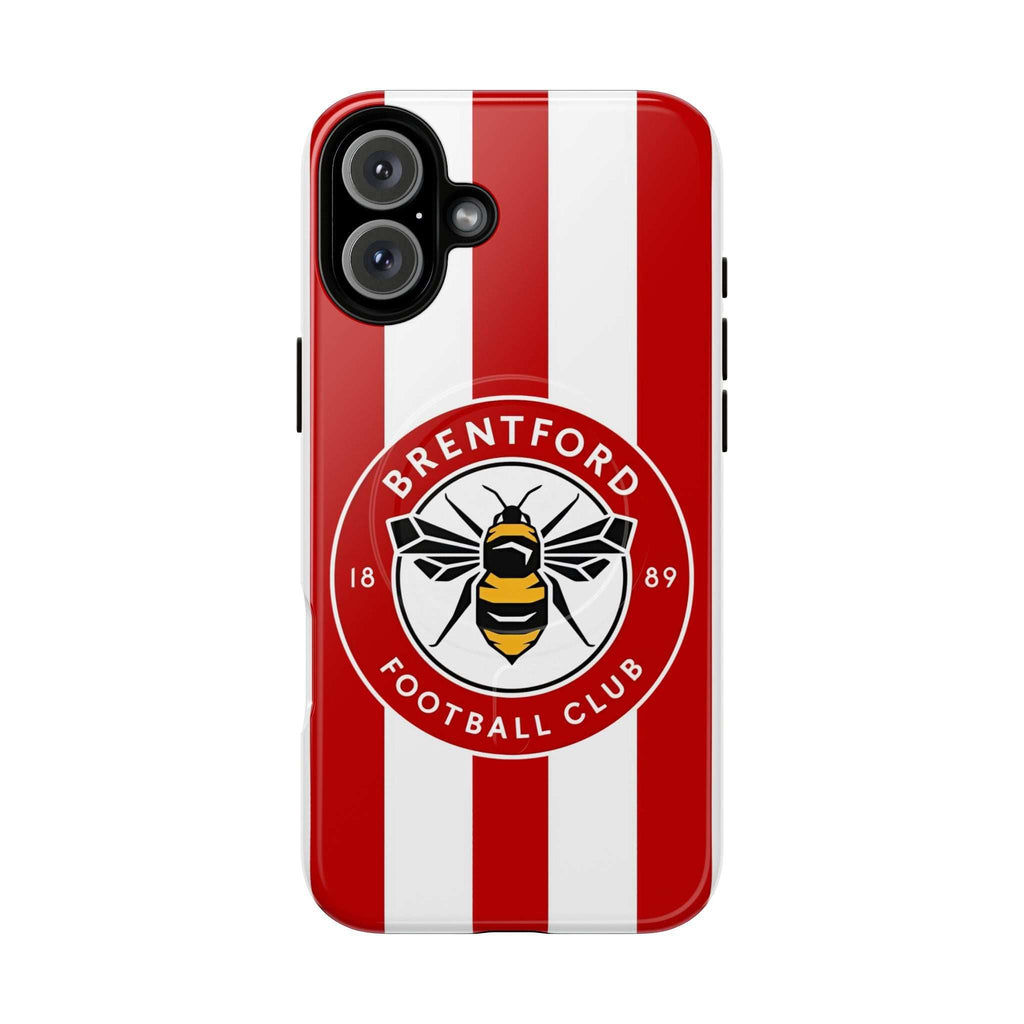 Brentford FC MagSafe iPhone case with red and white stripes and bee logo, dual-layer protective design.