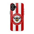 Brentford FC MagSafe iPhone case with red and white stripes and bee logo, dual-layer protective design.