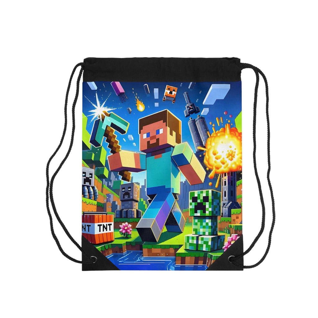 Minecraft-themed drawstring bag with pixelated adventure design, durable polyester, reinforced corners, and spacious interior for kids and gamers