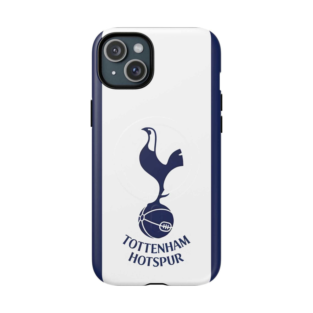 Tottenham FC MagSafe iPhone case with white and navy colors, club crest, and dual-layer protection