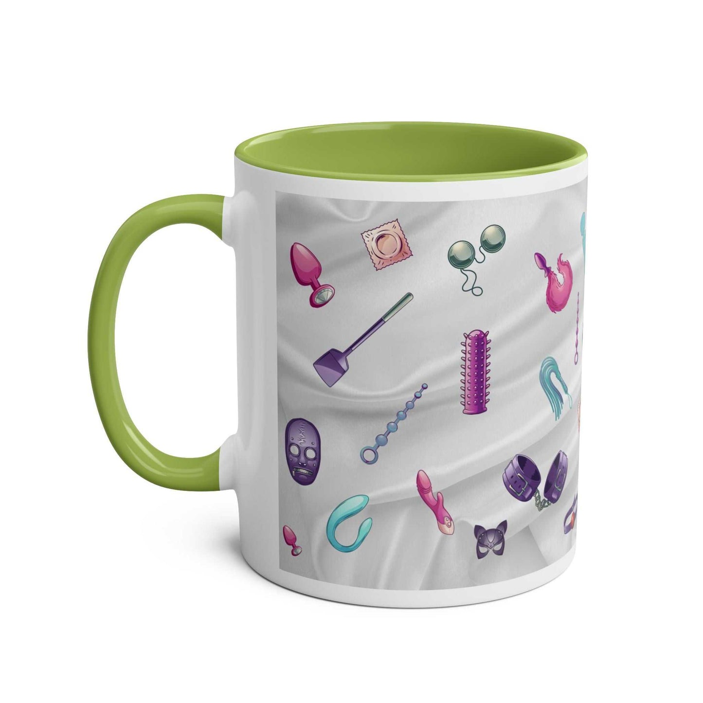 Colorful fun sex toy themed coffee mug with green handle and rim, featuring playful illustrations and a glossy finish.