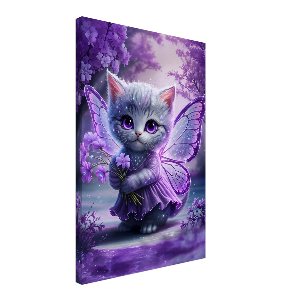 Adorable fairy kitten wall canvas with purple wings and flowers.