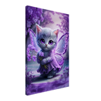 Adorable fairy kitten wall canvas with purple wings and flowers.