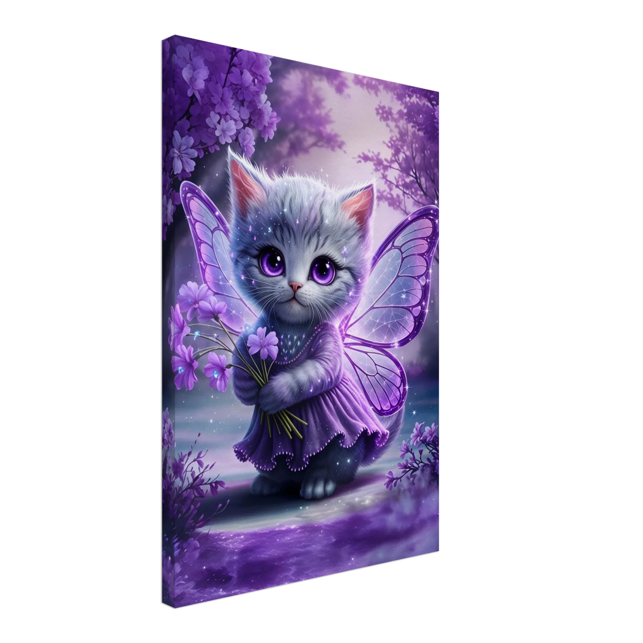 Adorable fairy kitten wall canvas with purple wings and flowers.