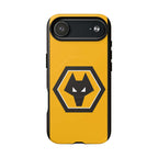 Wolves FC MagSafe iPhone case with gold black colors and wolf crest, dual-layer protection and MagSafe compatibility.