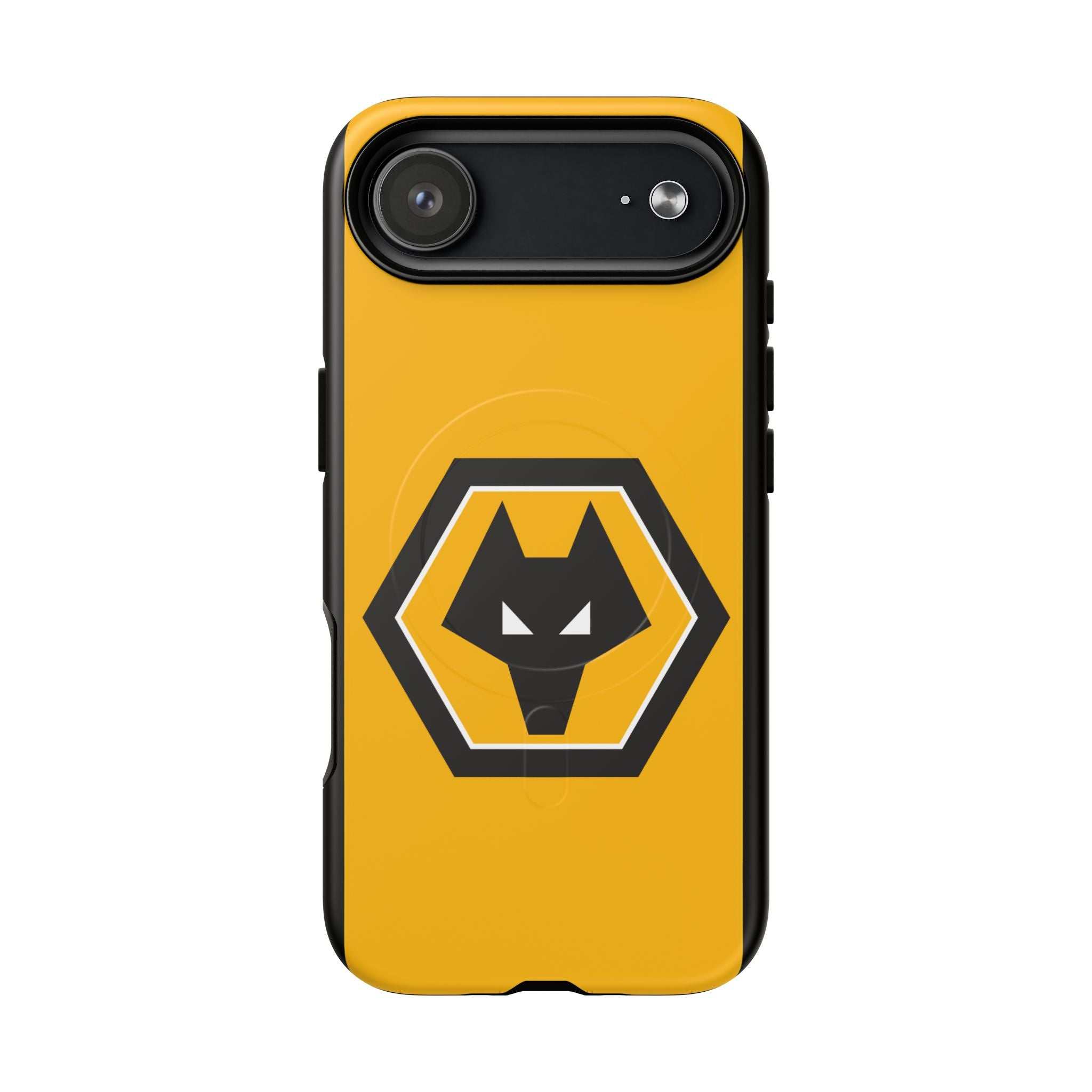 Wolves FC MagSafe iPhone case with gold black colors and wolf crest, dual-layer protection and MagSafe compatibility.