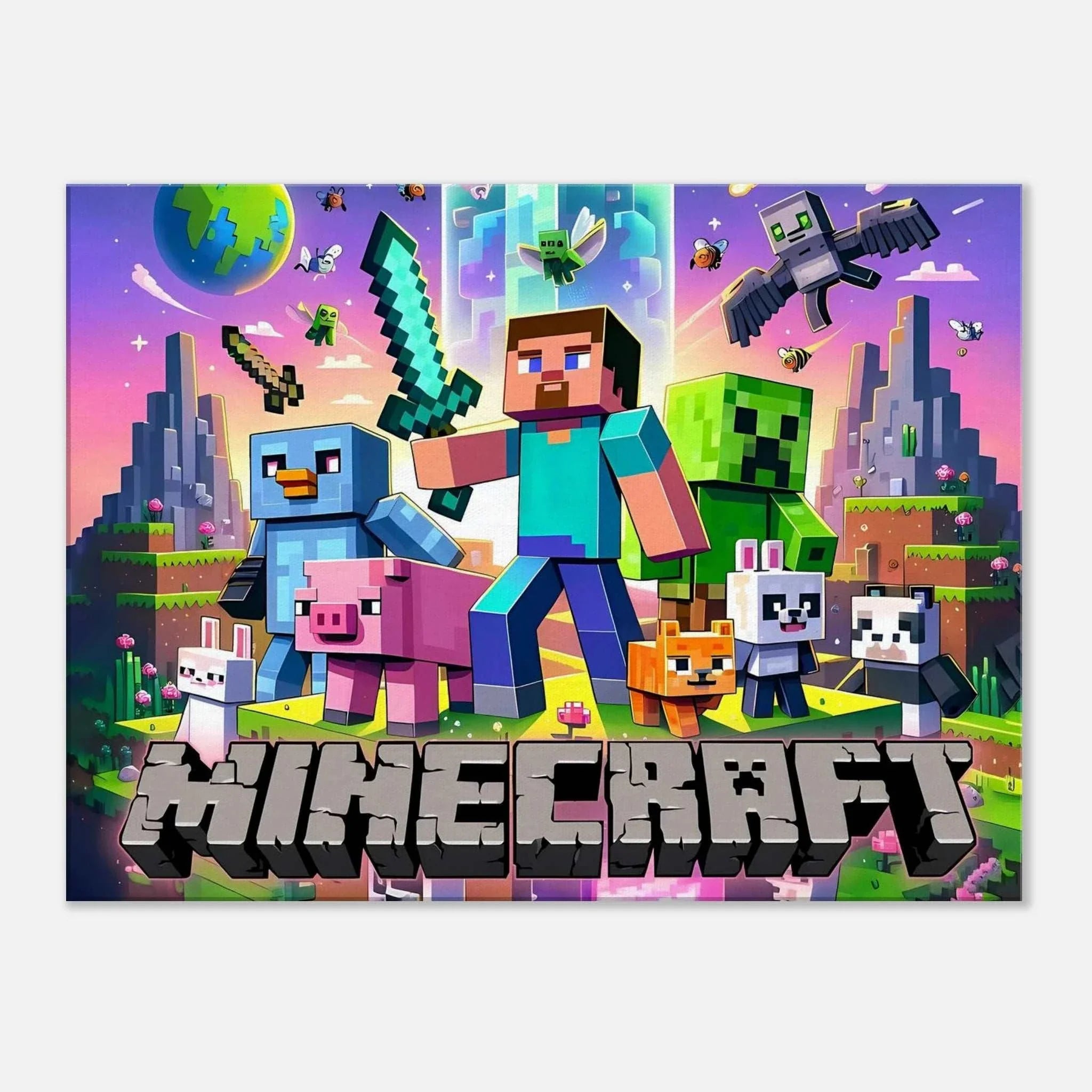 Vibrant Minecraft wall canvas featuring iconic pixelated scenes, perfect for decoration and creativity.