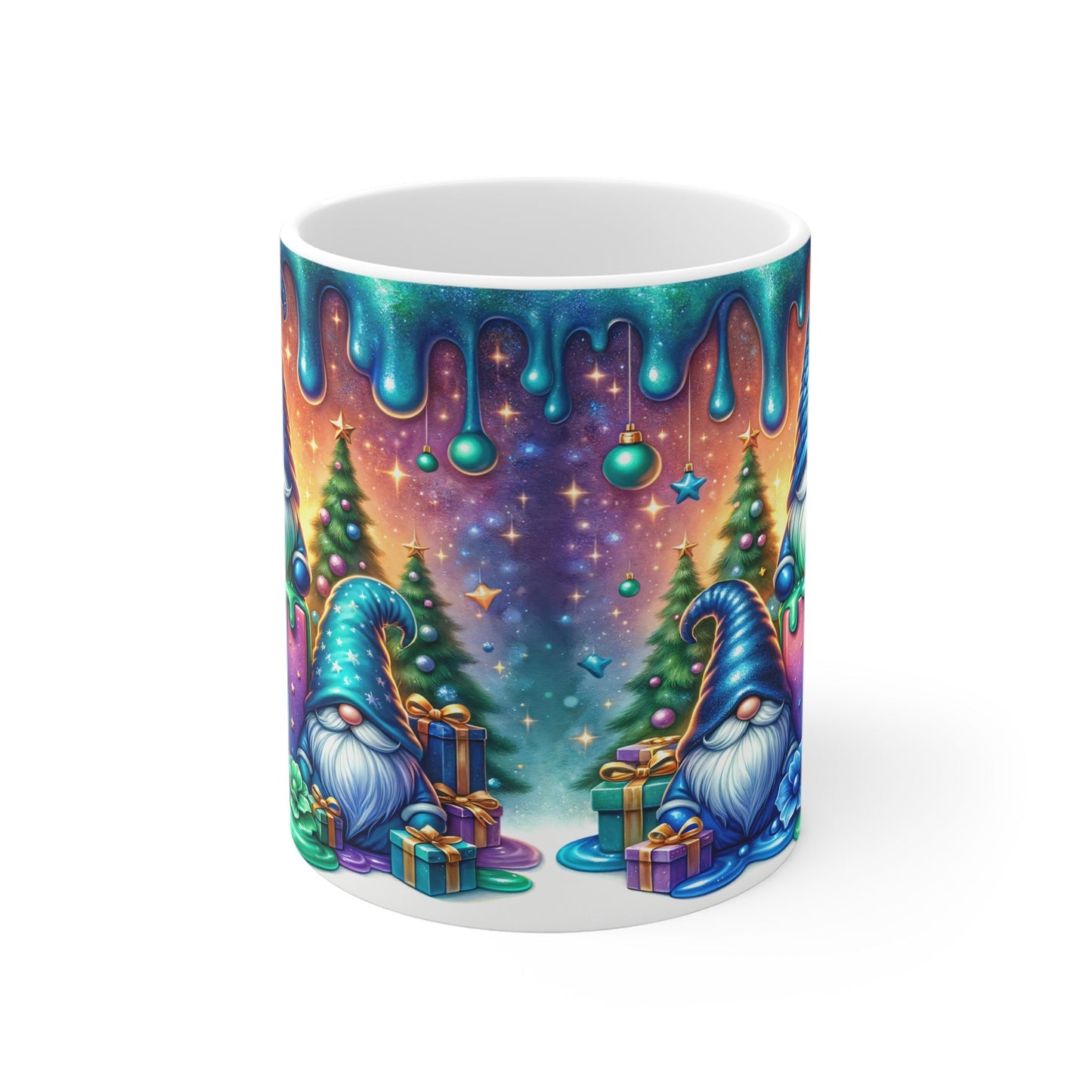 Christmas gnome mug with colorful festive design, perfect for holiday drinks.