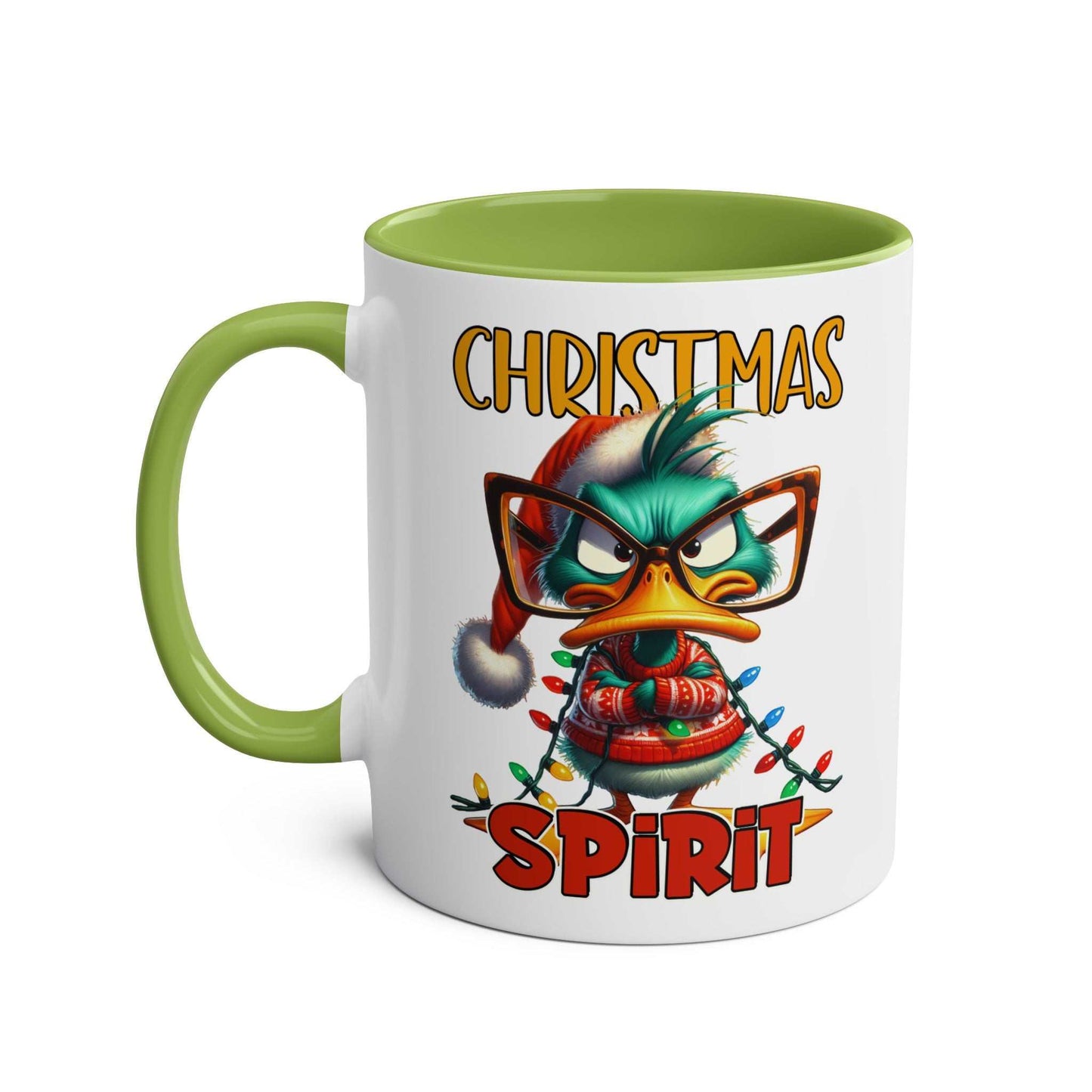 Sarky Christmas Mug with duck design, available in 7 colors, 11oz ceramic, microwave and dishwasher safe.