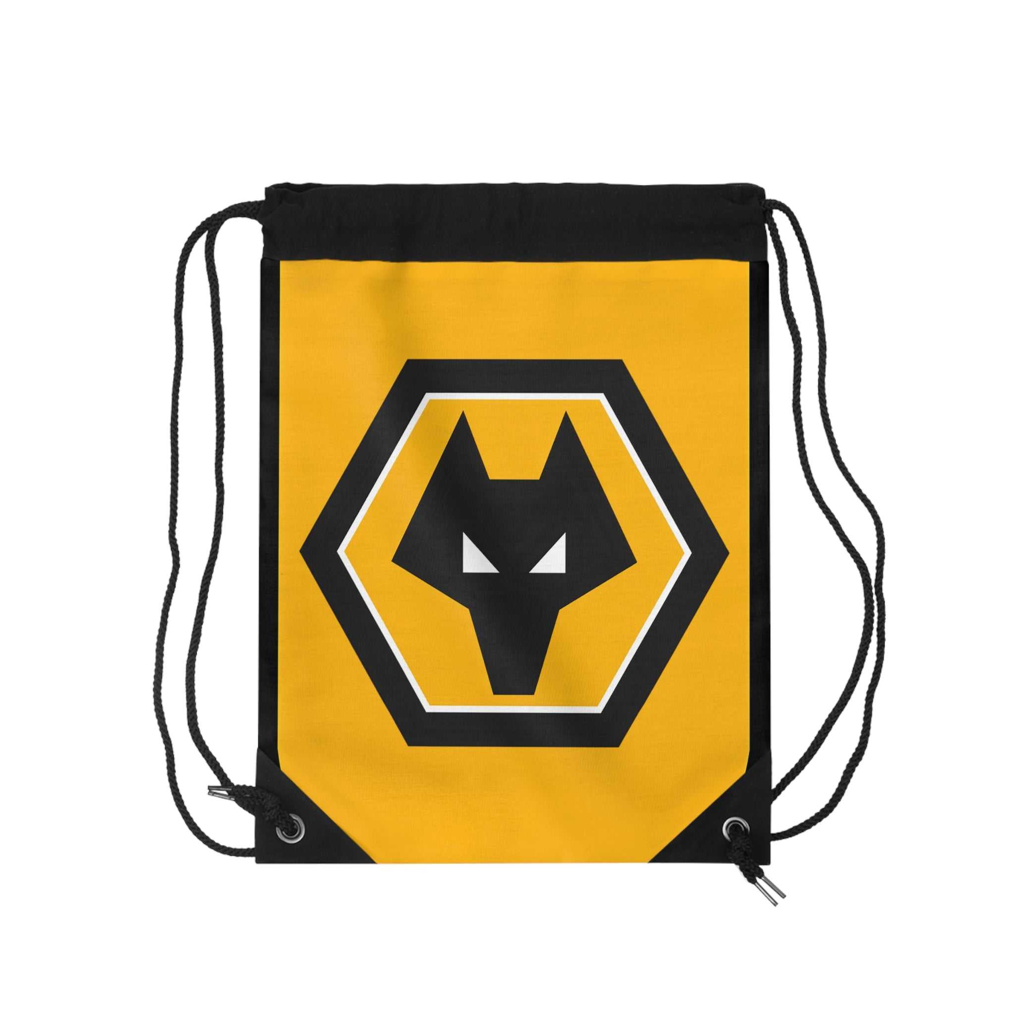 Wolves FC drawstring bag in gold and black with wolf crest, lightweight polyester, secure closure, and spacious interior for sports and everyday use