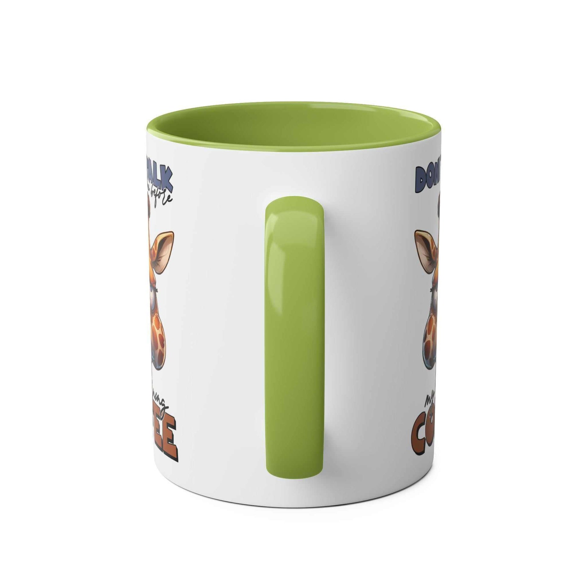 Dont Talk to Me coffee mug with giraffe design, available in 7 colors, glossy finish, 11oz ceramic, dishwasher safe.