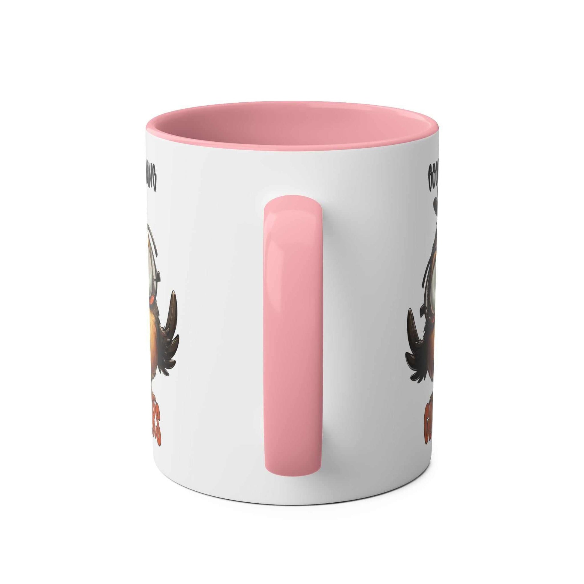 Morning Cluckers Coffee Mug with pink handle and interior, featuring a quirky design.