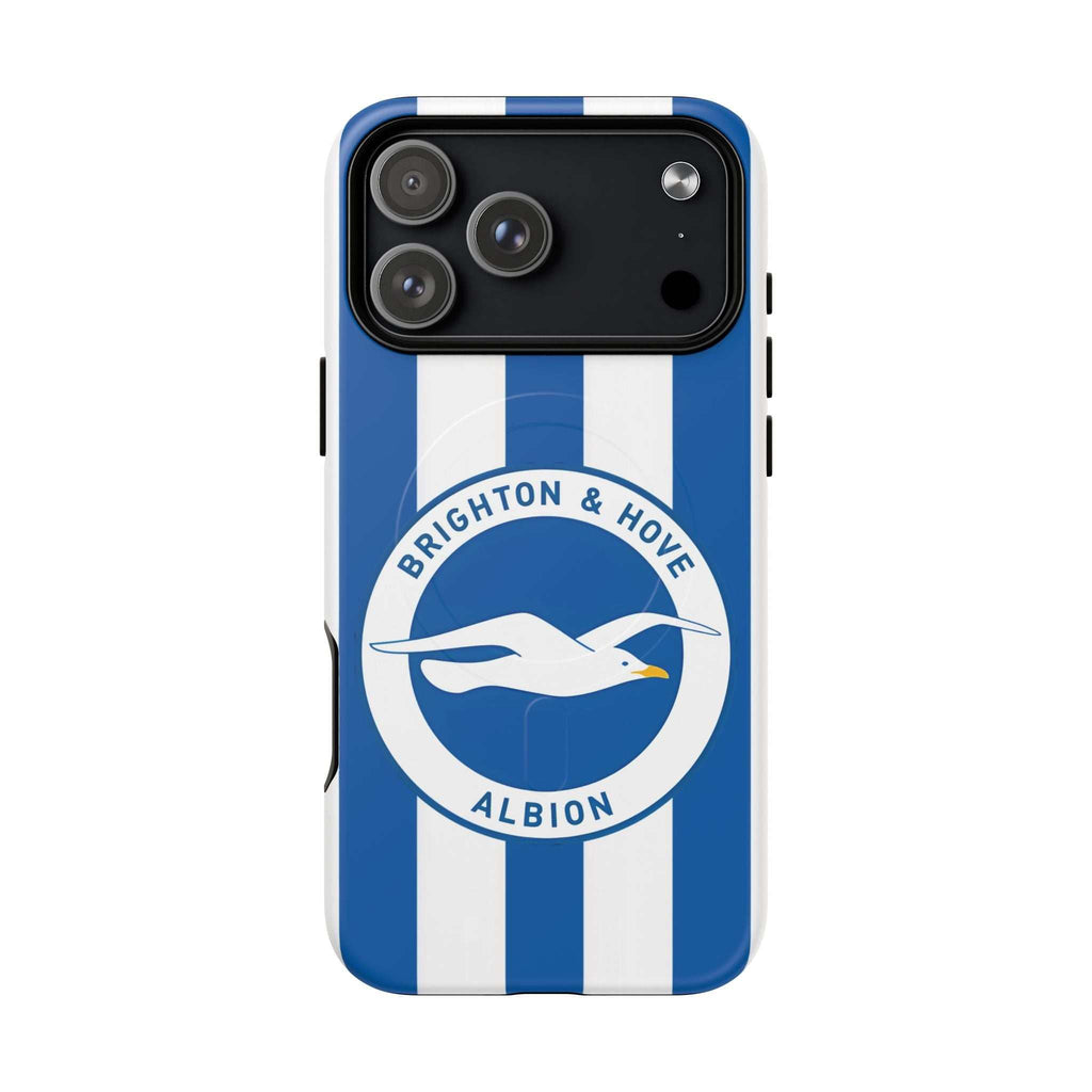 Brighton FC MagSafe iPhone case with blue and white stripes and seagull crest
