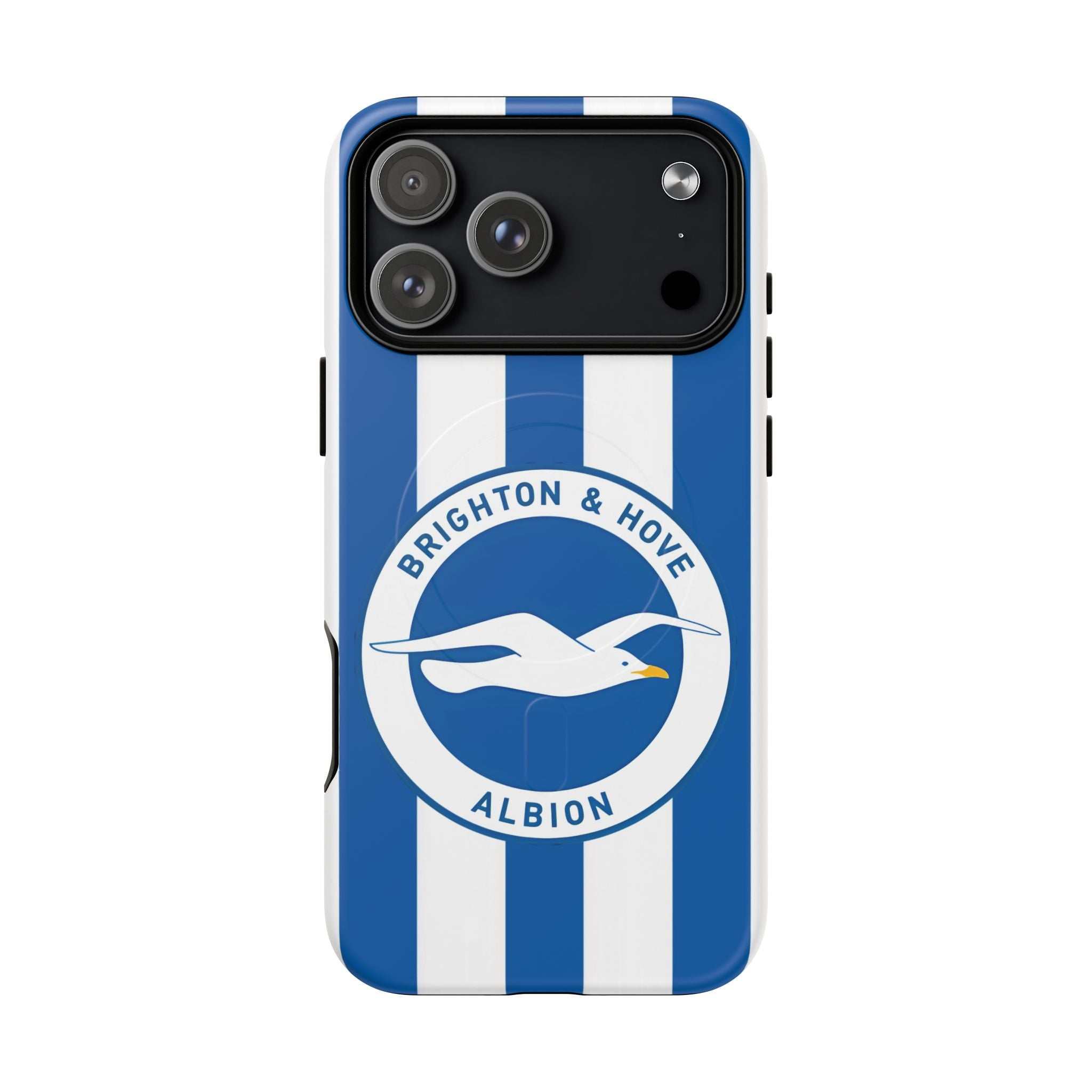 Brighton FC MagSafe iPhone case with blue and white stripes and seagull crest