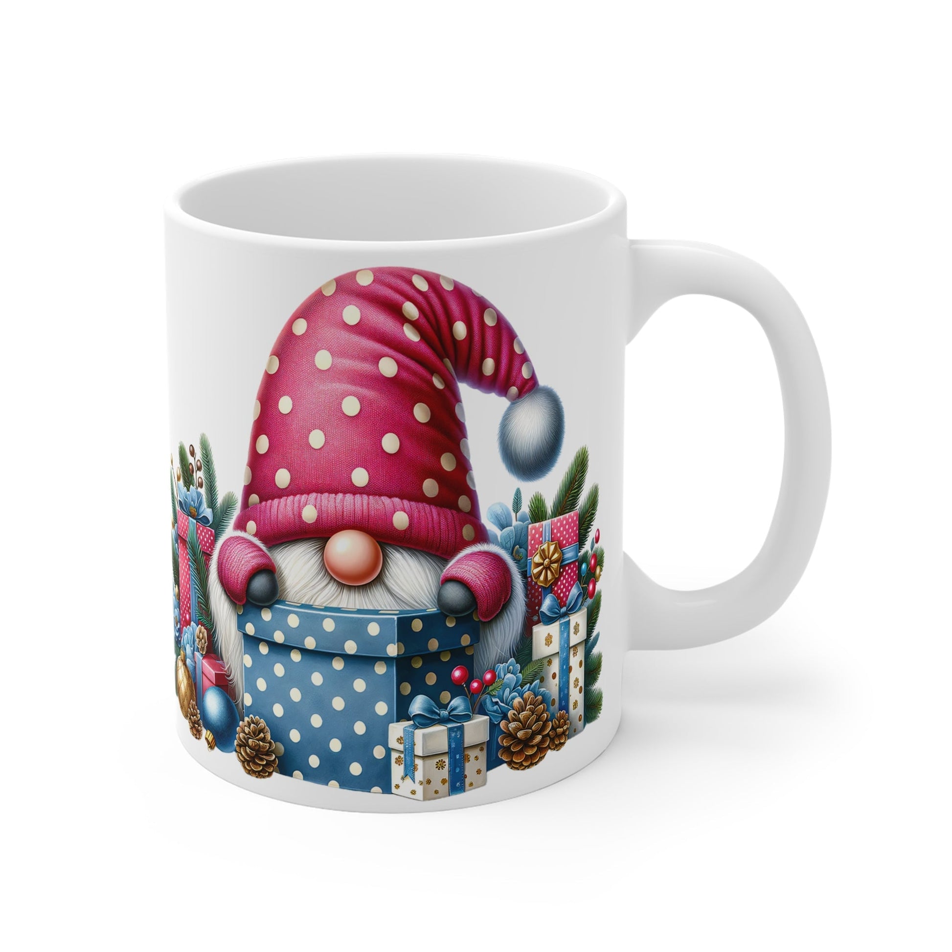 Cute gnome Christmas mug with festive design and glossy finish.