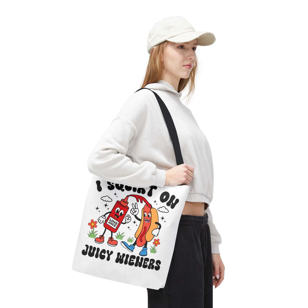 Cheeky I Squirt On Juicy Wieners Fun Tote Bag with hot dog design and durable straps