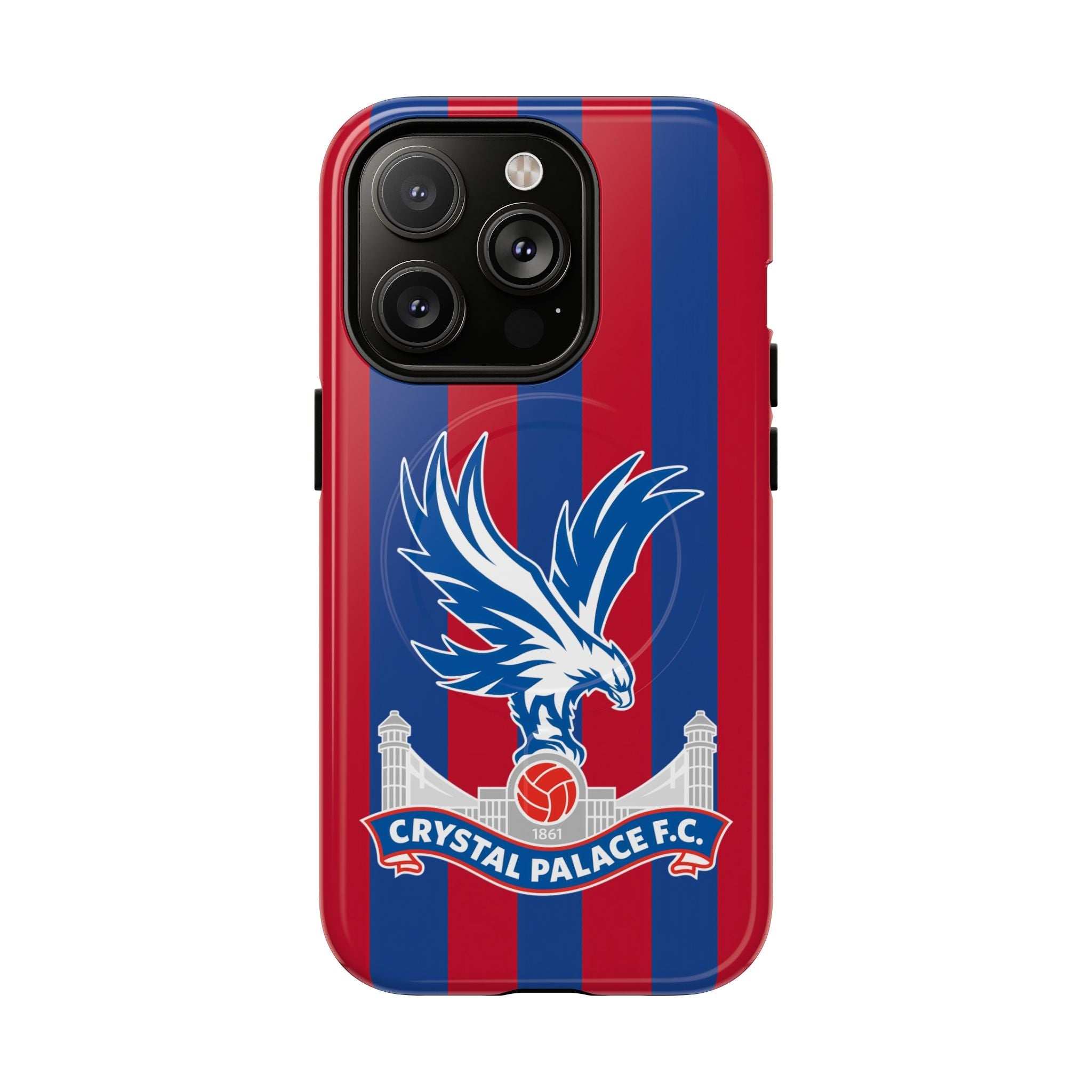Crystal Palace MagSafe iPhone case with red and blue stripes and Eagles crest, dual-layer durable protection