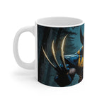 White ceramic coffee mug featuring a vibrant Wolverine-inspired comic design with claws and forest background