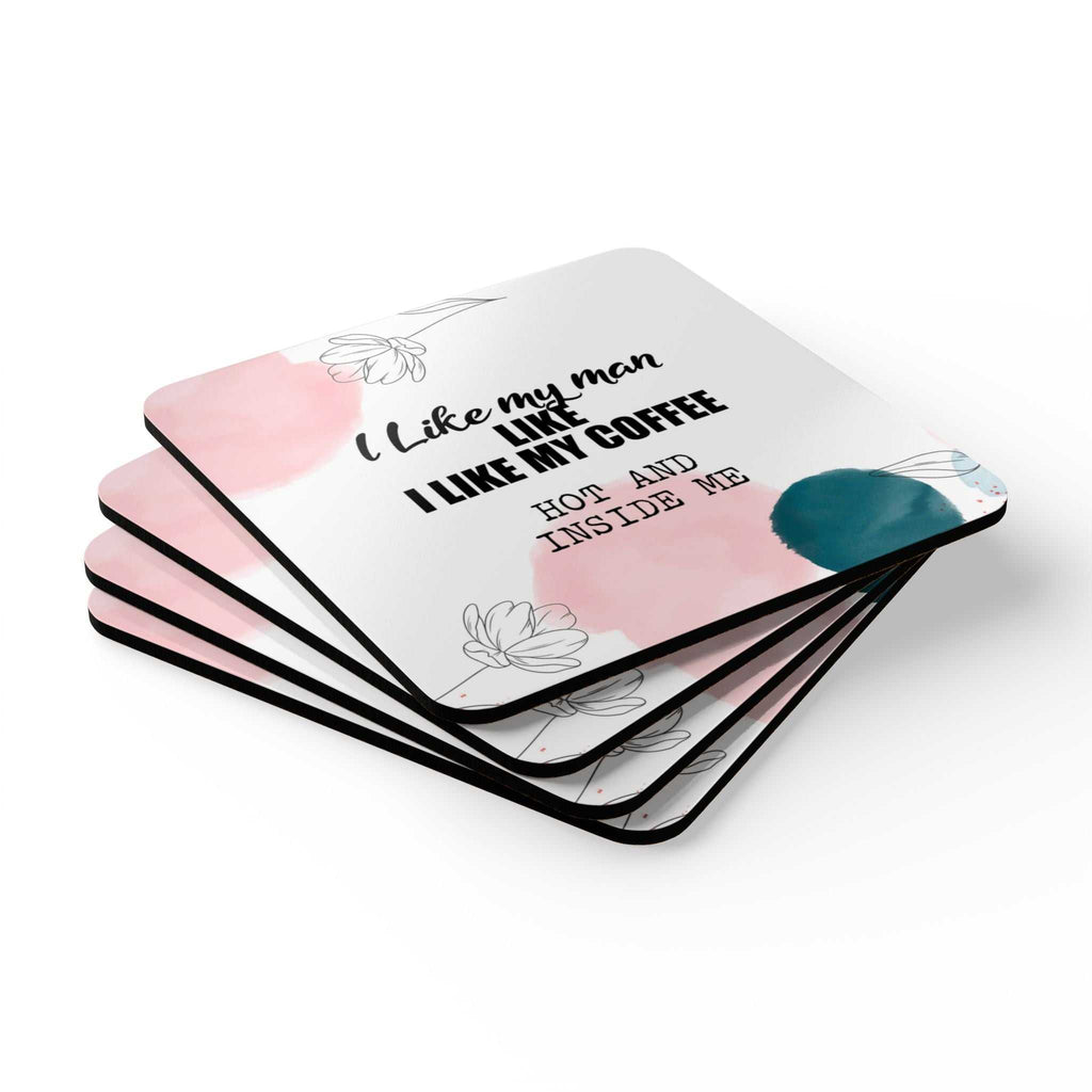 Cheeky Fun Coaster Set with quirky design and double meanings, 4-piece, 3.75" size, high-gloss MDF.