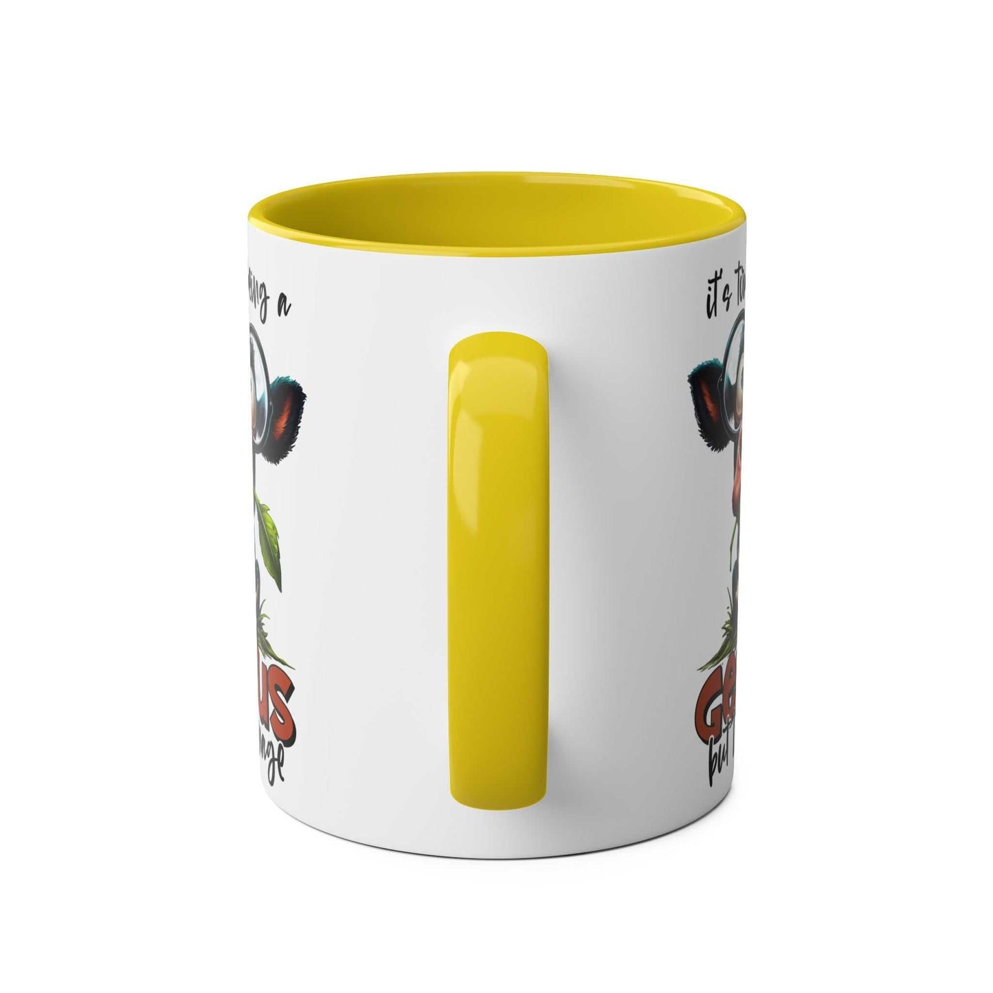 Genius Coffee Mug with quirky animal design and yellow handle.