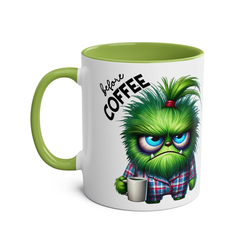 Fun Sarcastic Coffee Mug with Grumpy Character and Quote, Green Interior, 11oz Ceramic