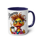Fun sarcastic coffee mug with cartoon duck design, featuring "fully caffeinated" text and blue handle.