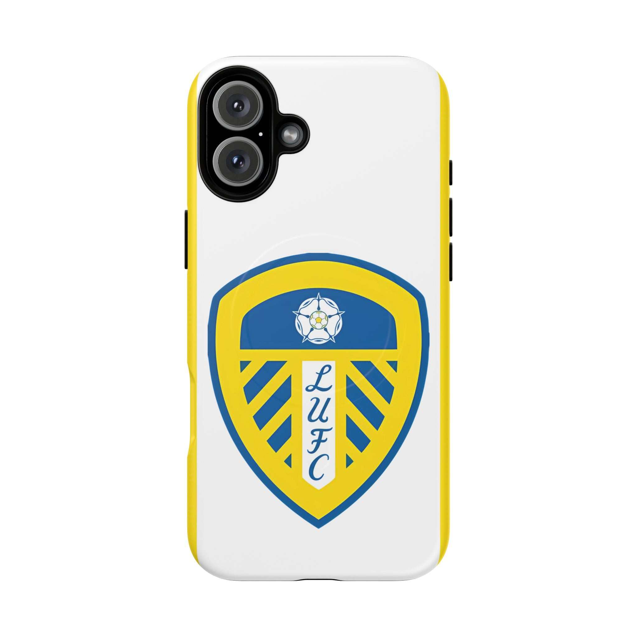 Leeds Utd MagSafe iPhone case with official-inspired crest, dual-layer protection, and wireless charging compatibility