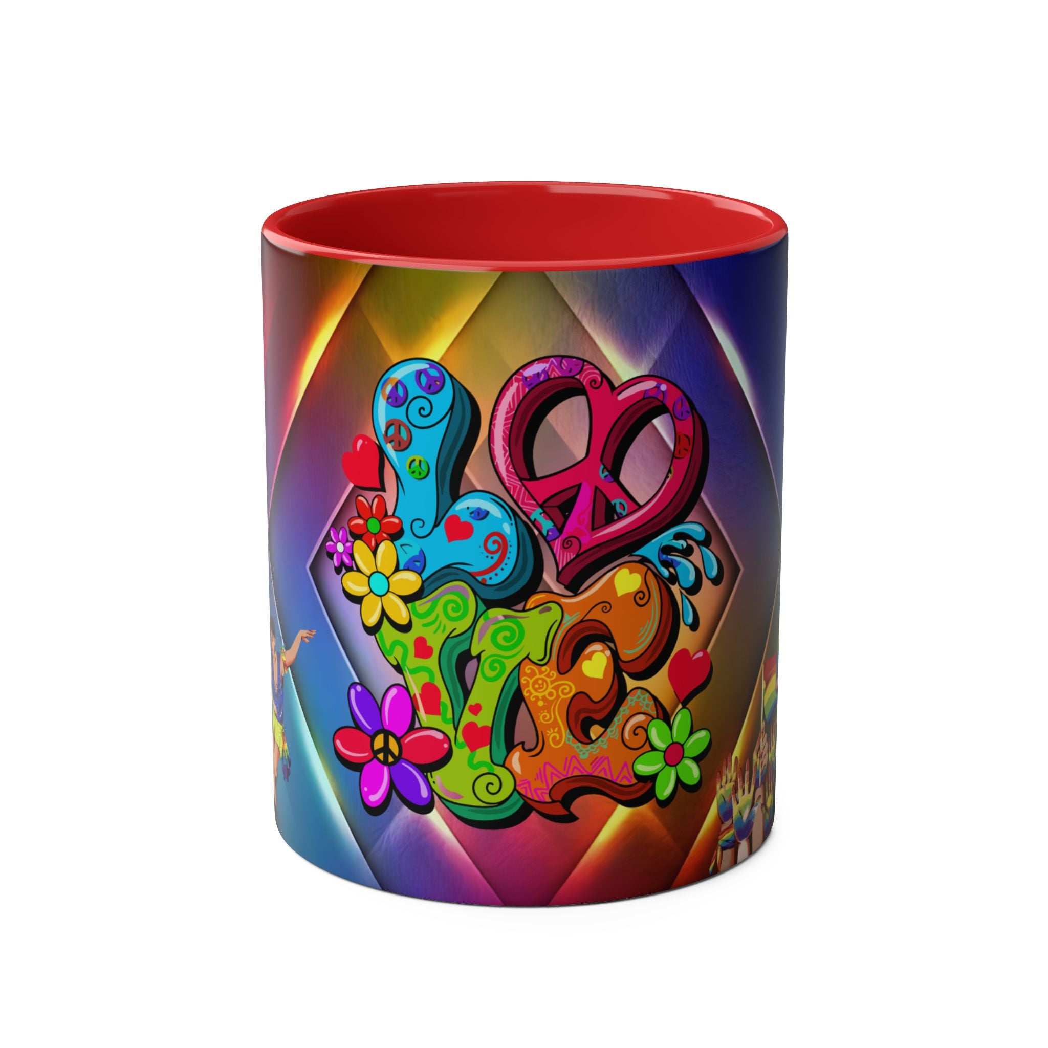 LGBTQ+ Pride Mug with vibrant rainbow design and love motif.