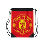 Manchester United drawstring bag in red and black with club crest, lightweight polyester, durable, spacious interior, and reinforced corners.