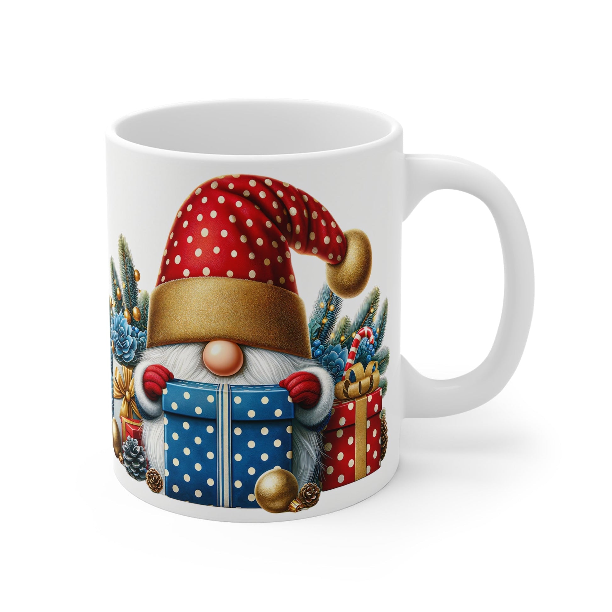 Christmas Gnome Mug with festive design, 11oz ceramic, glossy finish.