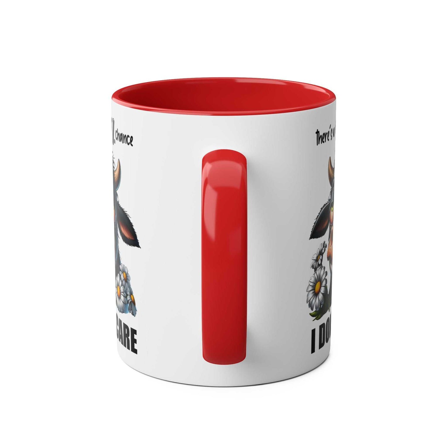 Sarky cow design on I Dont Care Coffee Mug with red handle, quirky and fun.