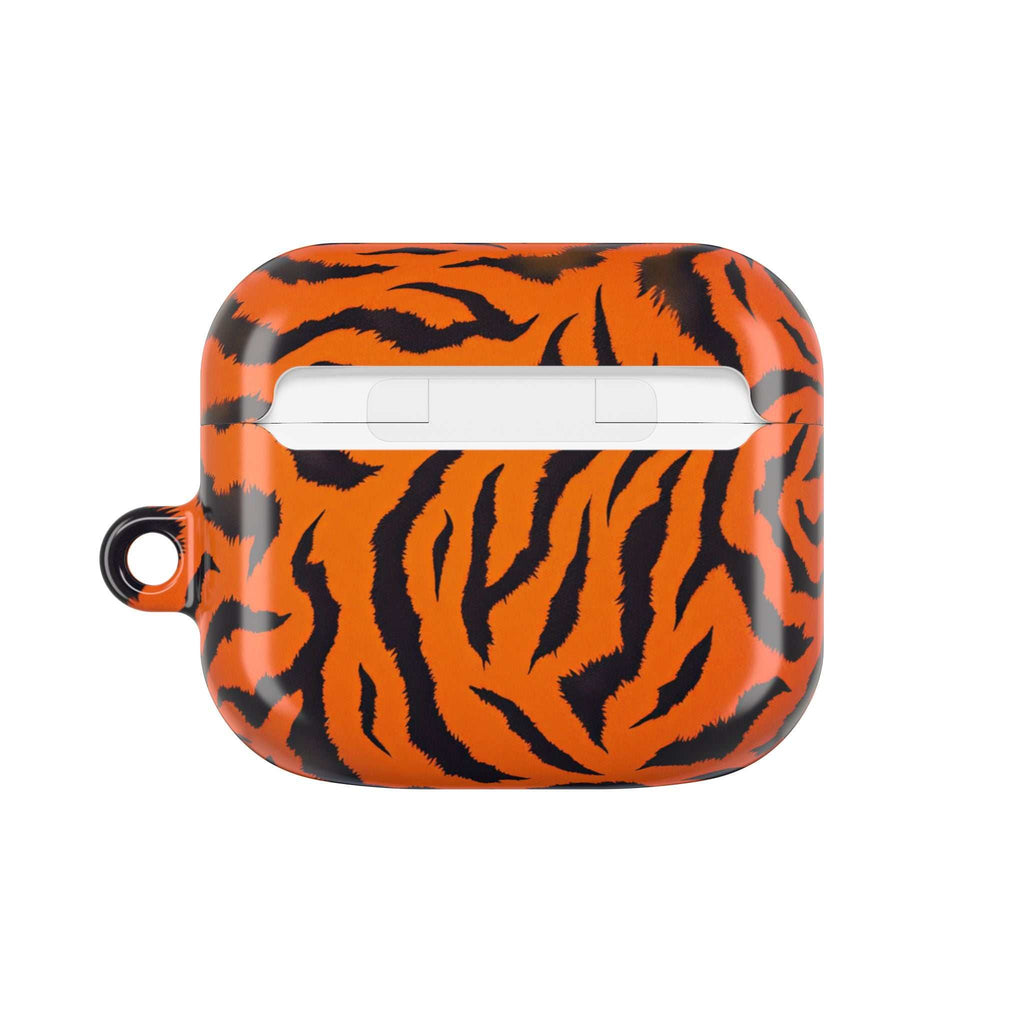 Orange tiger print hard shell protective case for AirPods and AirPods Pro with glossy finish and wireless charging compatibility