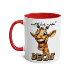 Decaf Joke Coffee Mug featuring a laughing giraffe and humorous quote, 11oz ceramic, red handle.