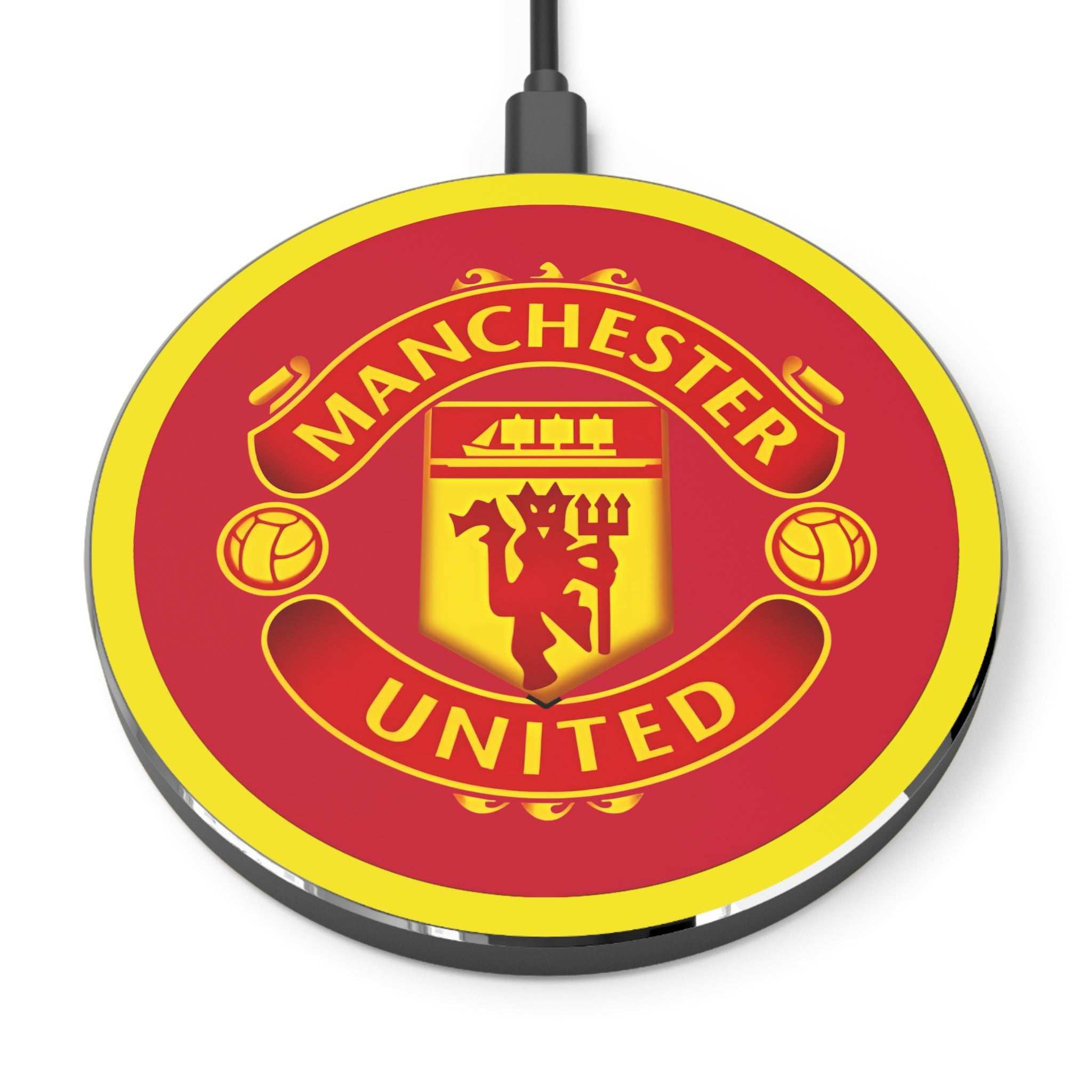 Manchester United FC wireless charger with 10W fast charging and vibrant red and yellow design