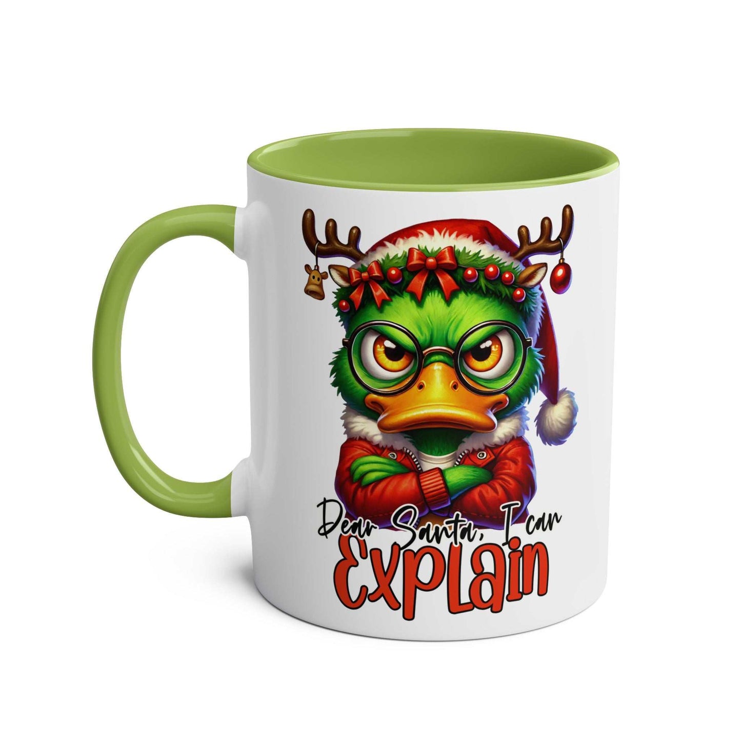 Sarky Christmas mug with sassy duck design, available in 7 colors, 11oz ceramic, microwave and dishwasher safe.