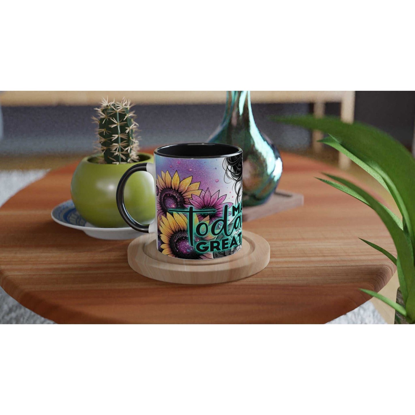 Make Today Great motivational coffee mug with sunflower design on a table.