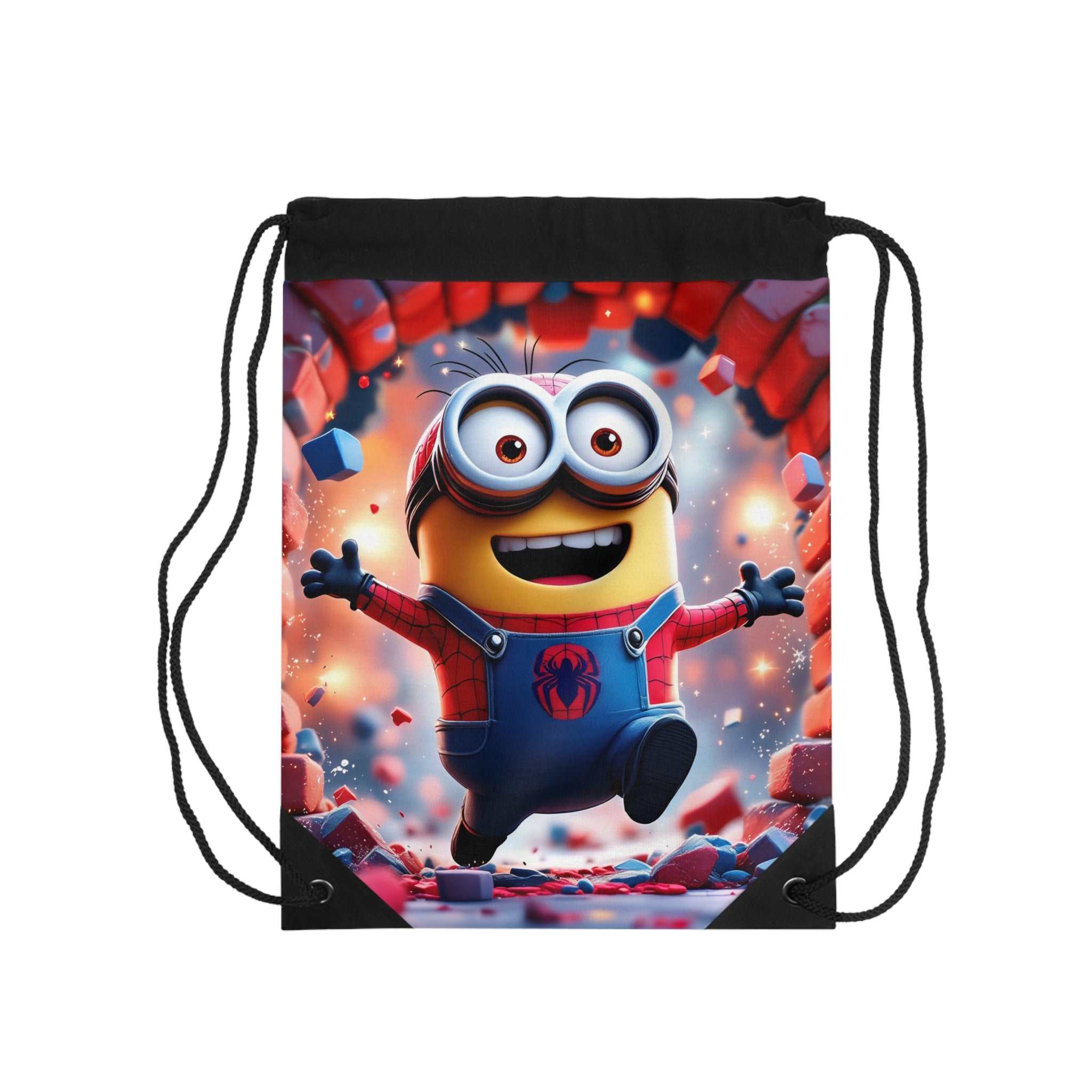 Minion Spider-Man drawstring bag with durable polyester, playful superhero design, and easy carry straps for kids