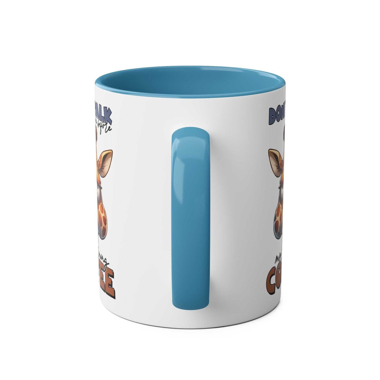 Dont Talk To Me coffee mug with giraffe design and blue handle.