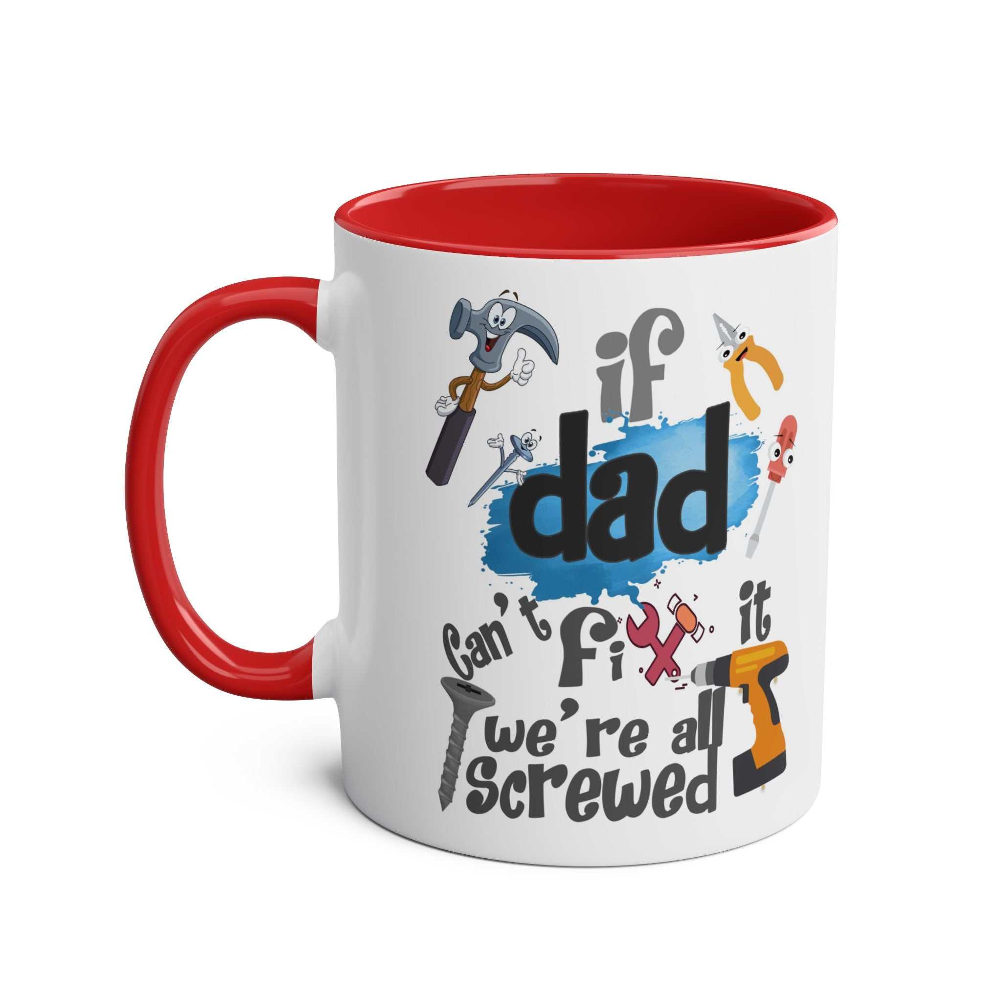Fun Father's Day gift mug with humorous text and colorful tool graphics.