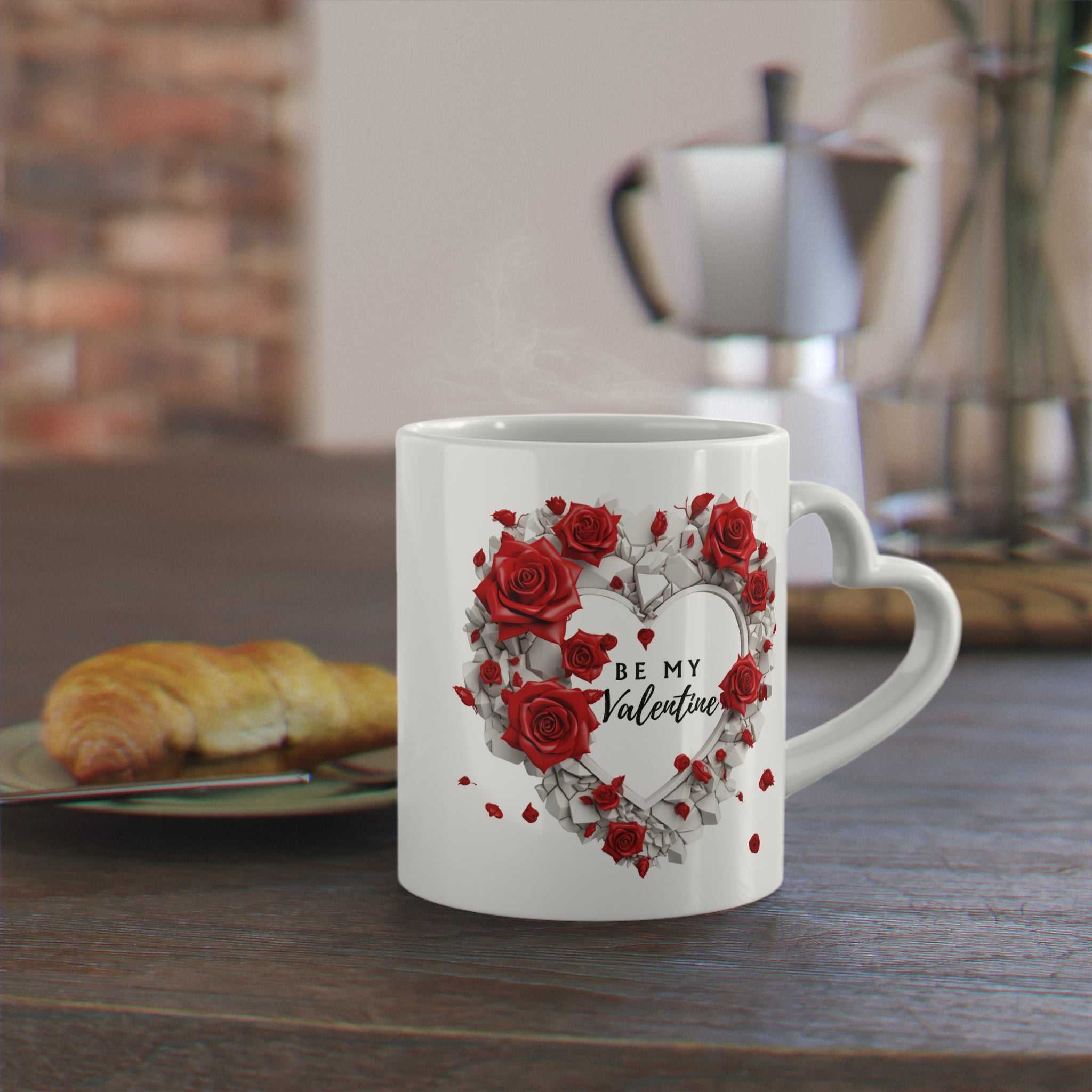 Gorgeous Valentine's Day mug with heart-shaped handle and vibrant design.