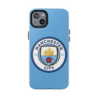 Manchester City MagSafe iPhone case with sky blue color and club-inspired logo, dual-layer protection, and MagSafe compatibility