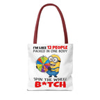 Funny Minion tote bag with cheeky design, durable spun polyester, and colorful handles for everyday use