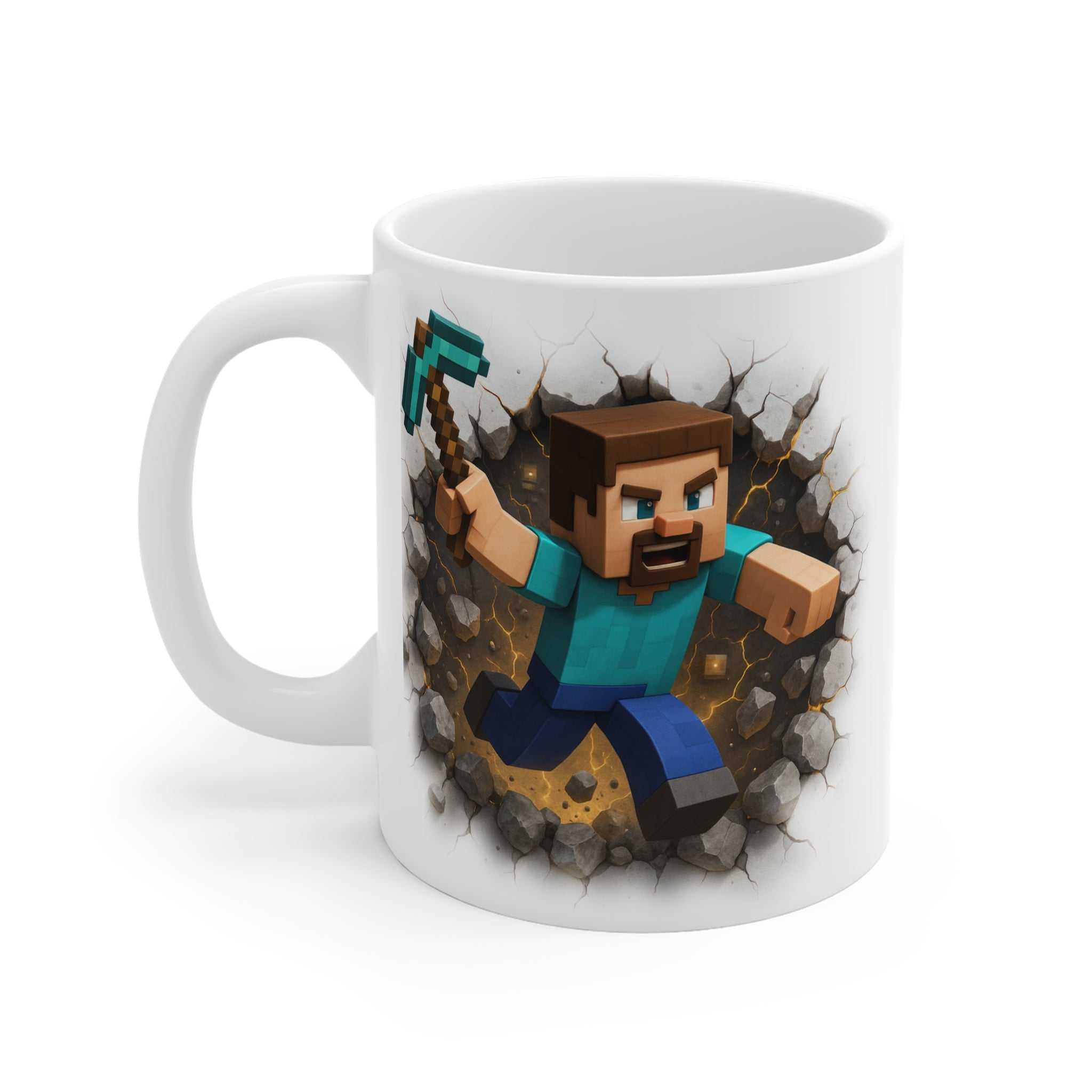 White ceramic 11oz mug featuring a pixelated Minecraft Steve character breaking through a stone wall, microwave and dishwasher safe with a glossy finish.