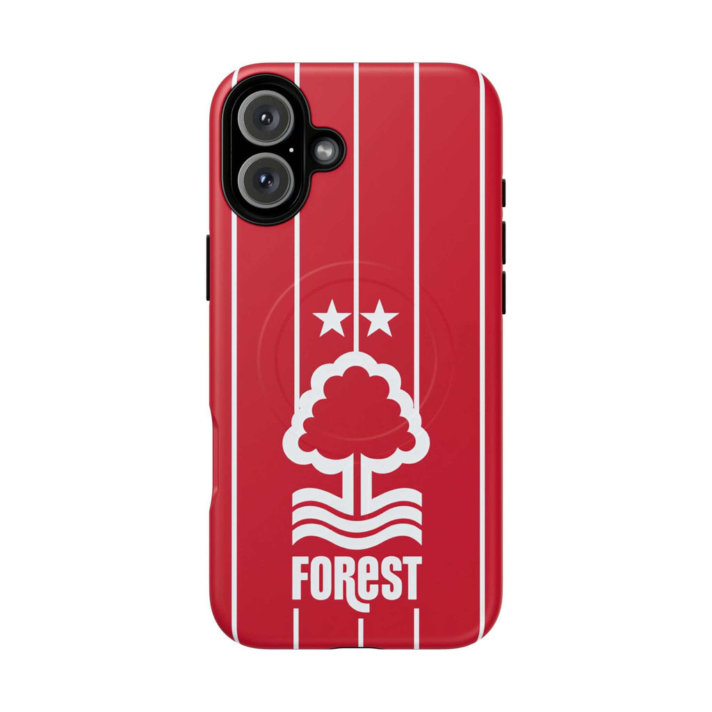 Nottingham Forest MagSafe iPhone case with red stripes and club crest, dual-layer protection, and wireless charging compatibility