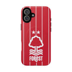 Nottingham Forest MagSafe iPhone case with red stripes and club crest, dual-layer protection, and wireless charging compatibility