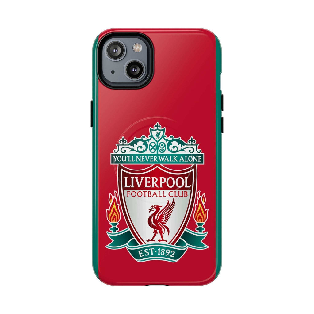 Liverpool FC MagSafe iPhone case with red design and official-inspired Liverpool crest, dual-layer protection, and wireless charging compatible.