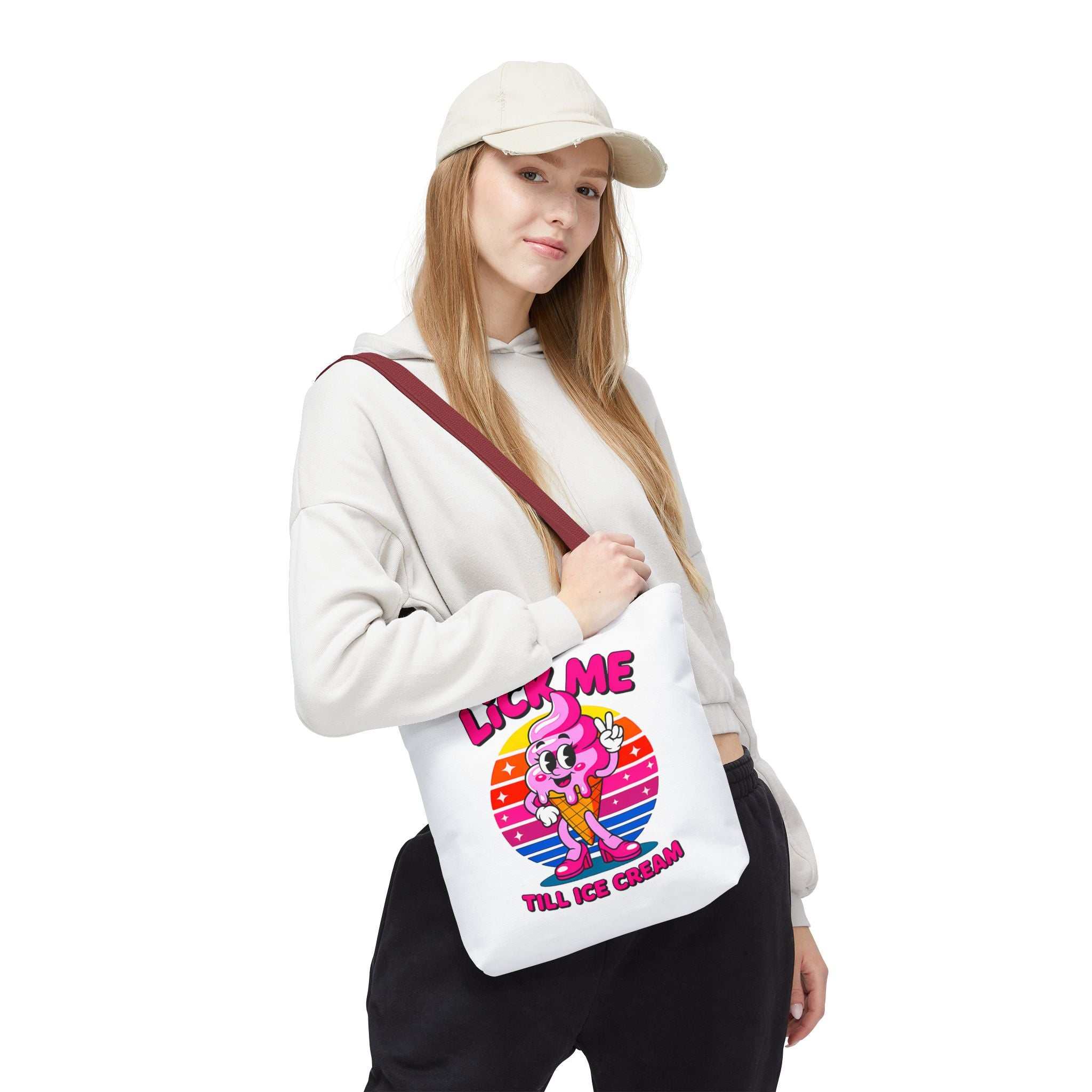 Lick Me Till Ice Cream Tote Bag with cheeky design, durable spun polyester, multiple sizes and handle color options