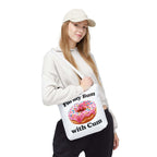 Provocative Donut Tote Bag with cheeky donut print, durable polyester, multiple sizes and handle colors, perfect for shopping and casual use