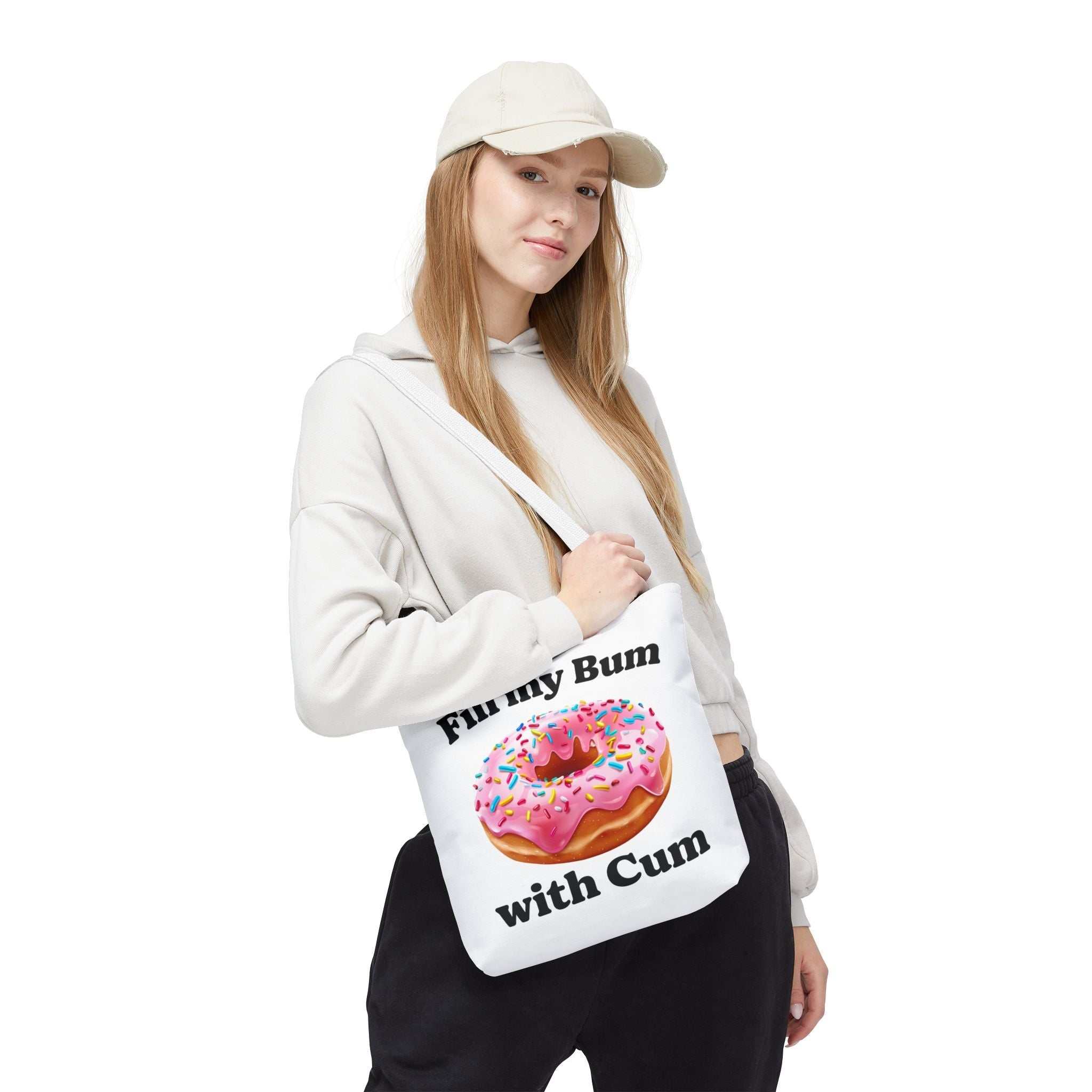 Provocative Donut Tote Bag with cheeky donut print, durable polyester, multiple sizes and handle colors, perfect for shopping and casual use